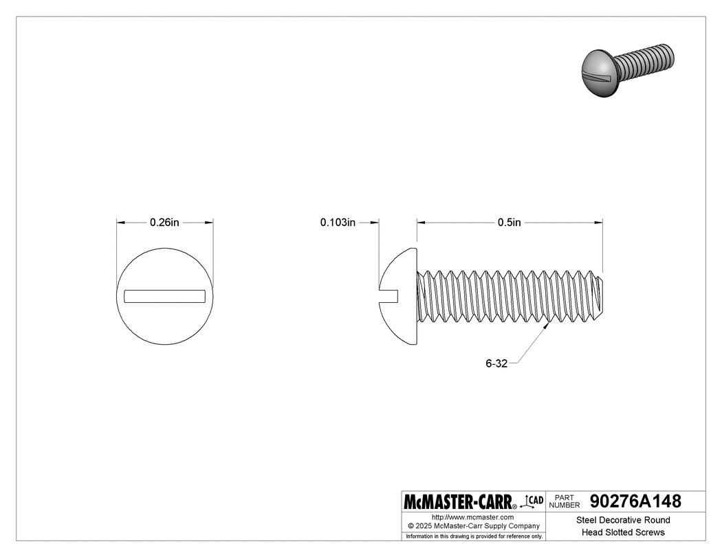 Technical Drawing of Steel Decorative Round Head Slotted Screws, 6-32 Thread Size, 1/2" Long.